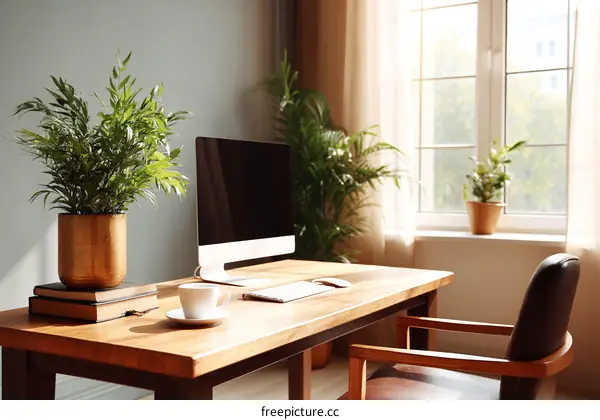 Modern Home Office with Natural Lighting and Plants