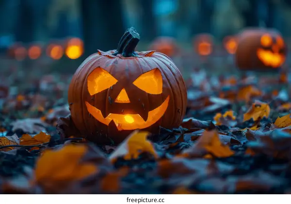Spooky Halloween Pumpkin Glowing in the Woods
