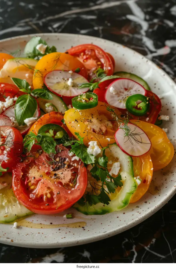 colorful tomato salad with cucumber radish and feta cheese