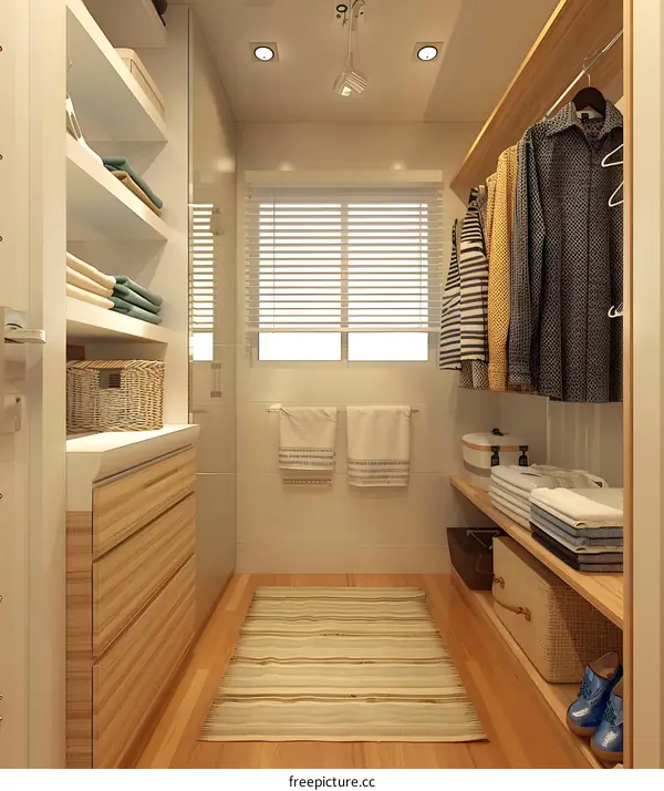 Modern Walk In Closet Design With Wood Accents