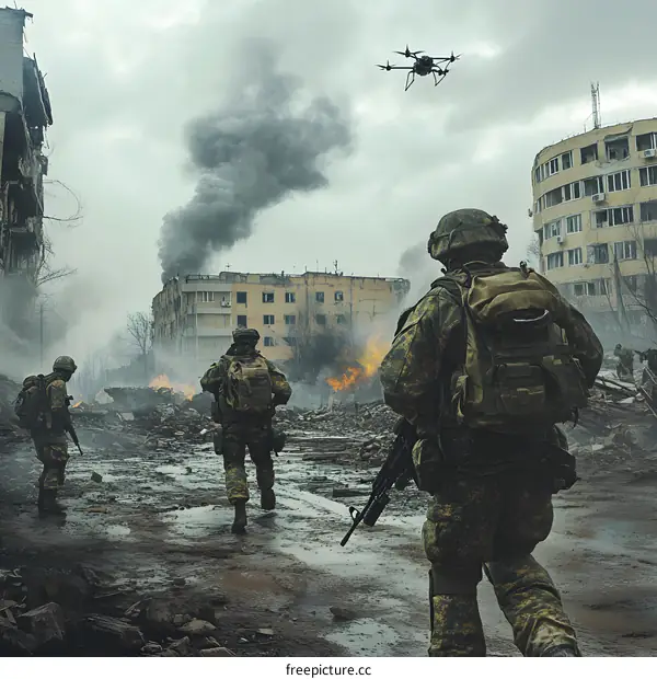 Soldiers Running Through War Torn City With Drone Overhead