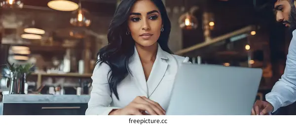 Young Businesswoman Working on Laptop in Cafe
