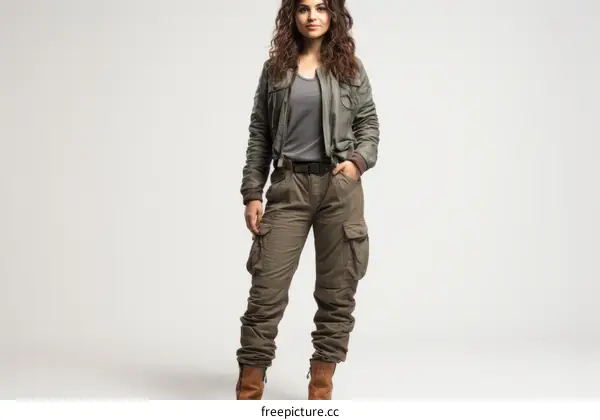 A young woman with curly hair and brown eyes wearing a green jacket and brown pants