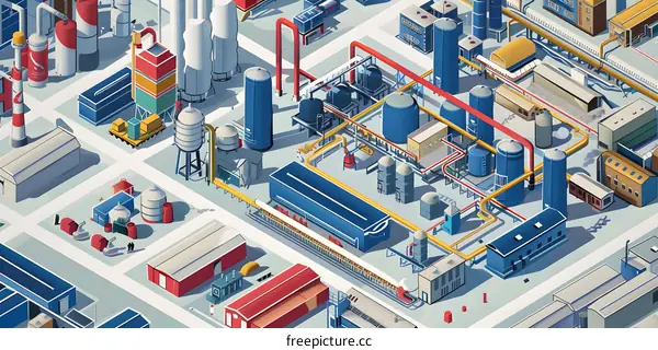 Isometric Illustration of a Complex Industrial Factory with Workers