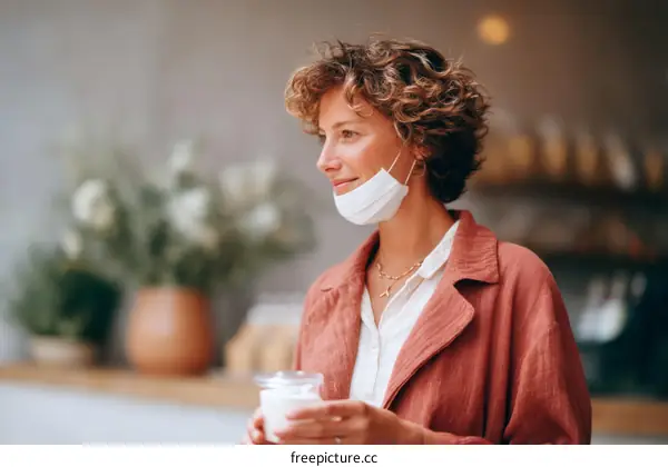 Woman Wearing Mask in Cafe Holding Drink