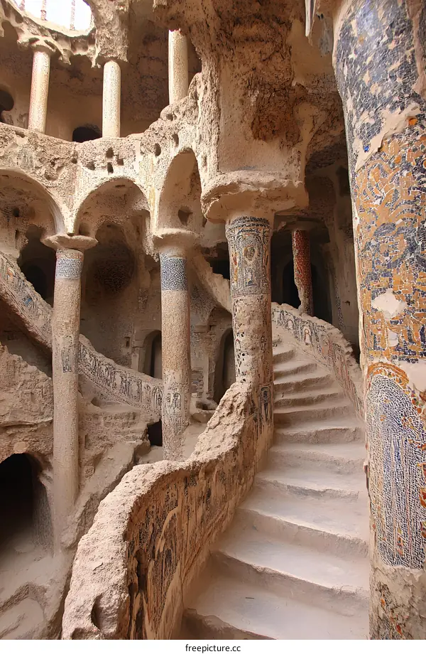 Ancient Stone Staircase in a Cave with Mosaic Walls