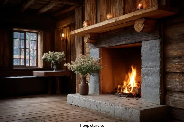 Rustic Wooden Interior with Fireplace and Flowers