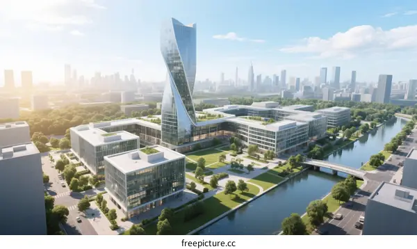 Modern Urban Architectural Complex with Curved Tower and Green Spaces