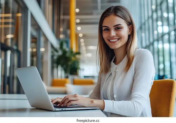 Smiling Woman Working On Laptop In Office