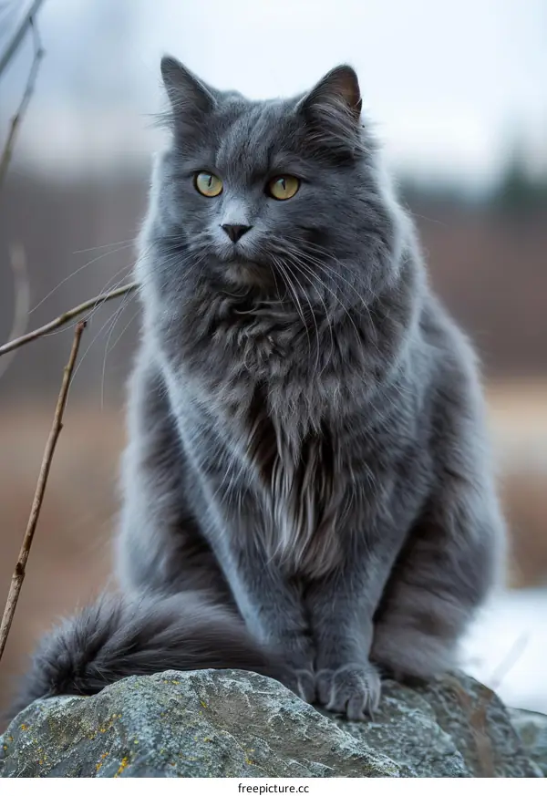 Gray Cat Sitting in the Winter Woods