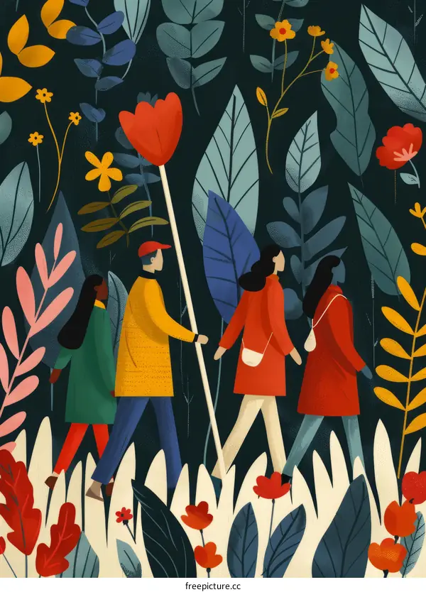 People walking in a garden illustration