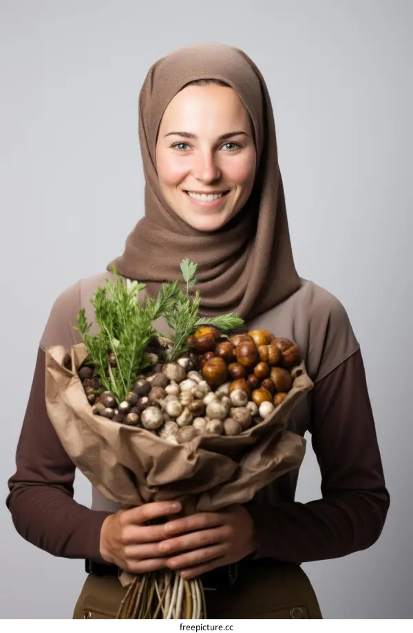 A young woman in a brown hijab holding a bouquet of mushrooms and herbs.