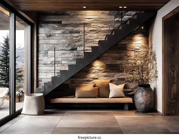 Modern Rustic Wooden Staircase in a Cozy Entrance Hallway