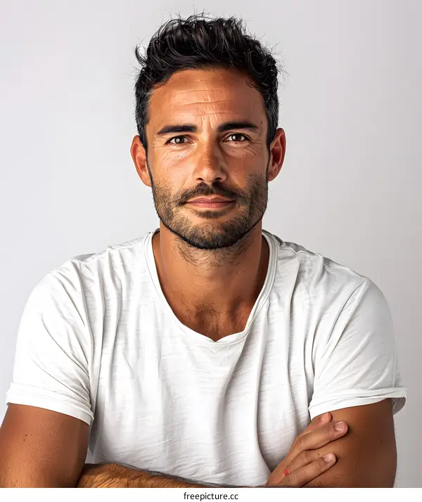 Portrait of a Handsome Man with Beard in White T-shirt