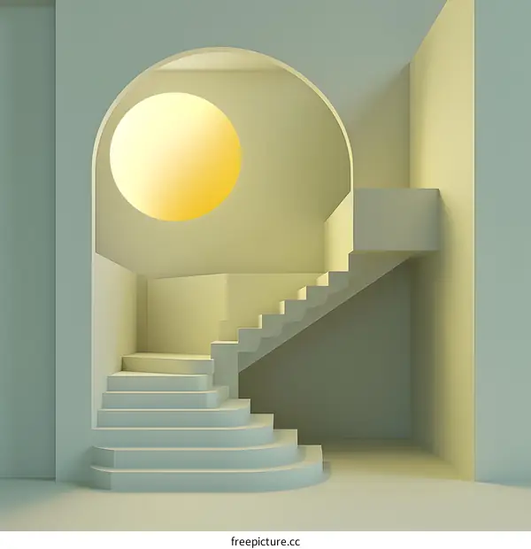 3D rendering of a staircase with a large round window