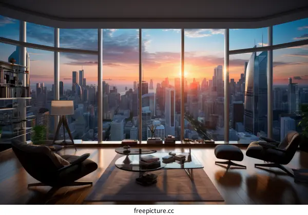 Modern living room interior with floor-to-ceiling windows overlooking a beautiful cityscape at sunset