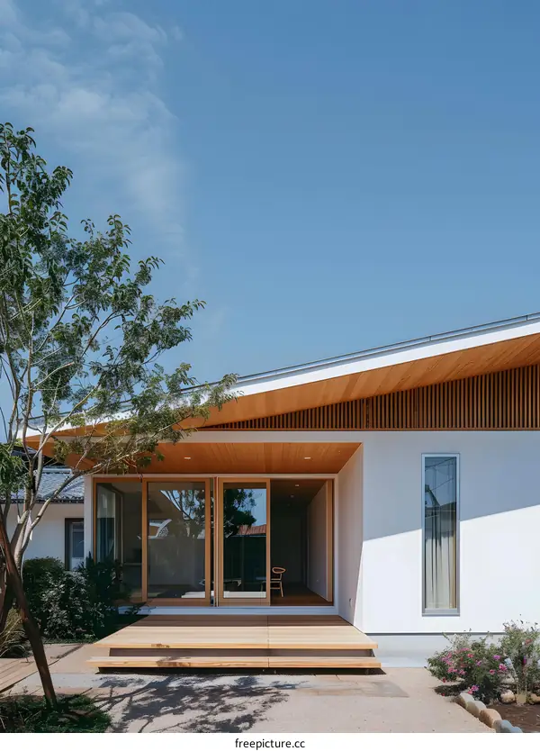Modern Japanese House with Wooden Roof and Patio