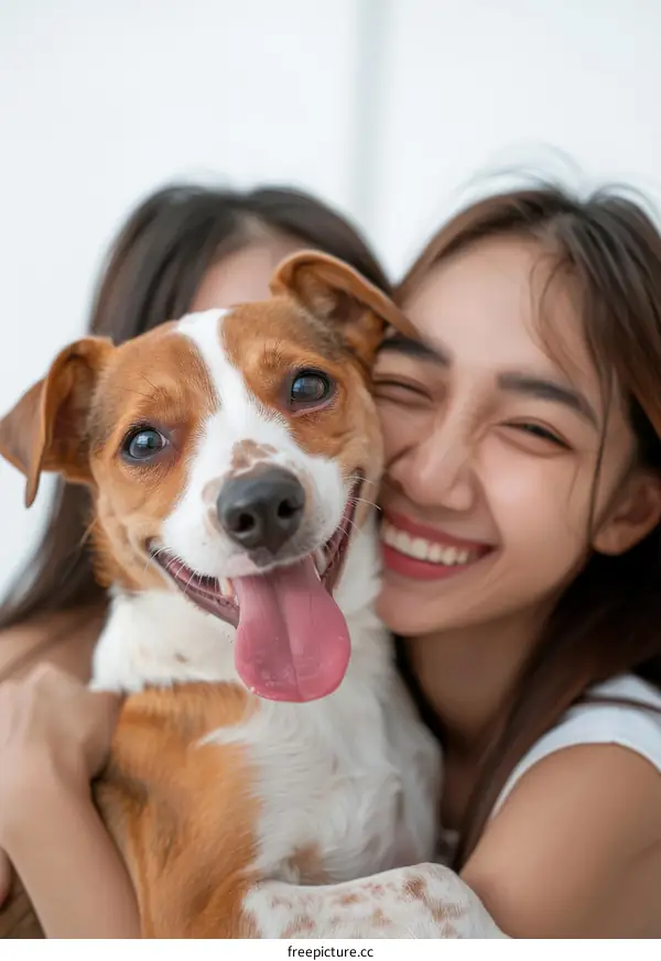 Two young Asian women with a small dog