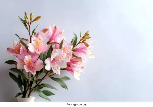 Beautiful Pink Alstroemeria Bouquet on Light Gray Background