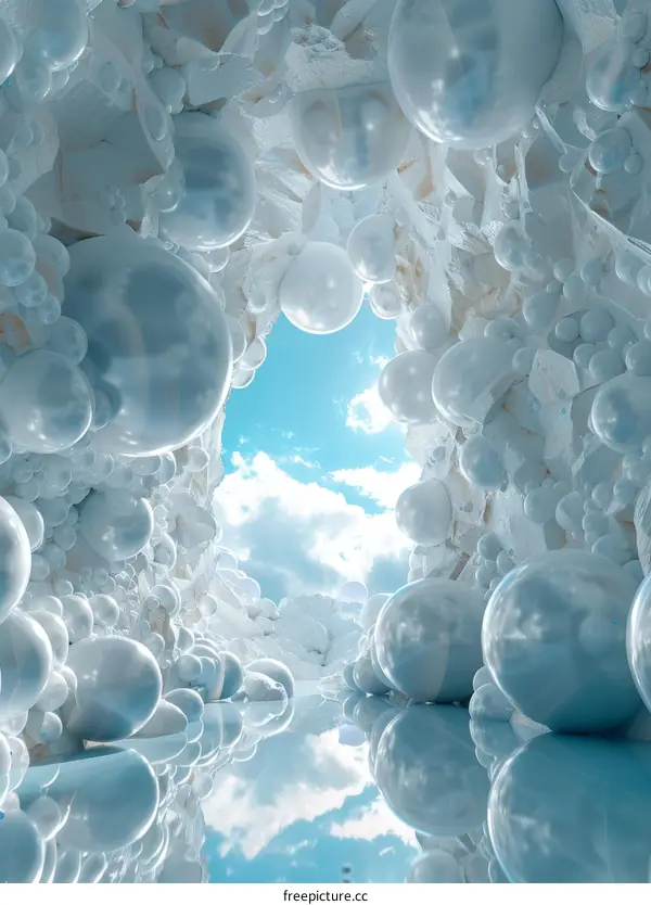 Surreal landscape with a cave full of glowing blue spheres