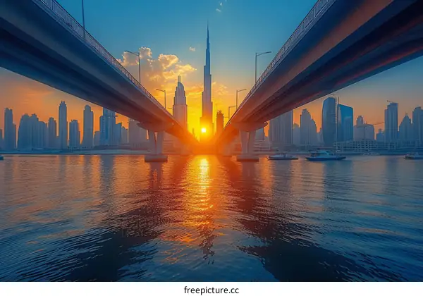 Amazing sunset view of Dubai city skyline with Burj Khalifa tower in the center