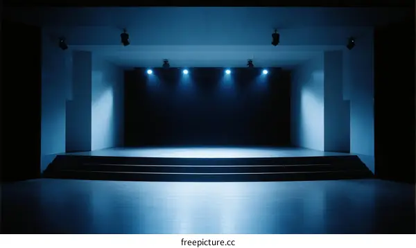 Empty Stage with Blue Lighting and Spotlights