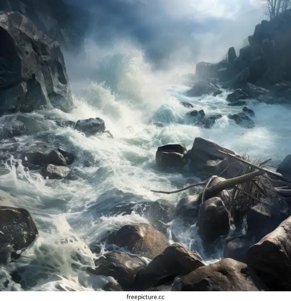 Raging River Rapids with Large Rocks in the Water