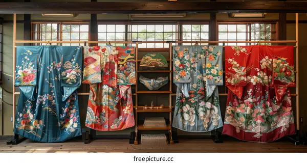 Kimono with floral patterns displayed in a traditional Japanese room