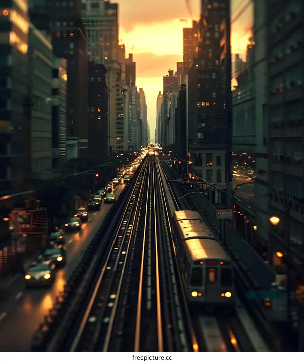 Cityscape with Train Tracks and Sunset
