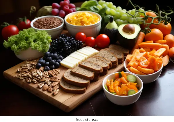A variety of healthy food on a wooden table