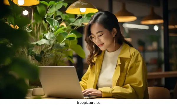 Asian woman working on laptop in cafe