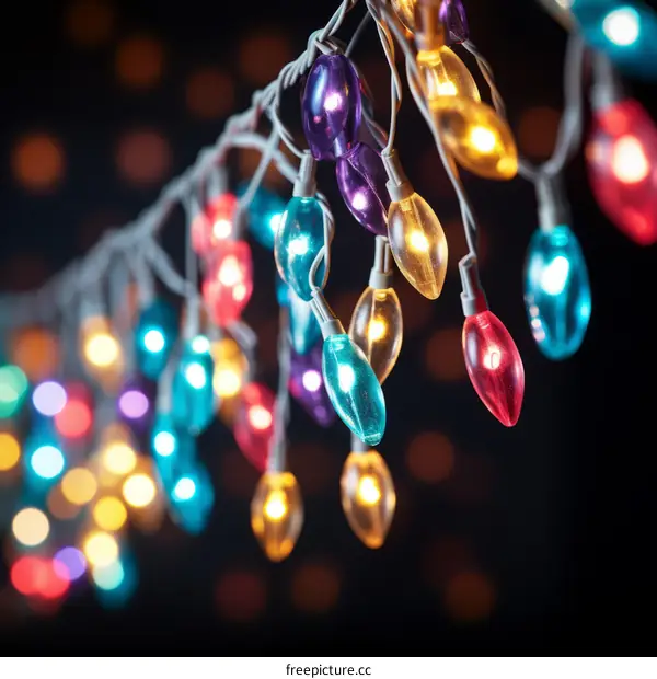 Multicolored string lights hanging in front of a blurred background of defocused lights.