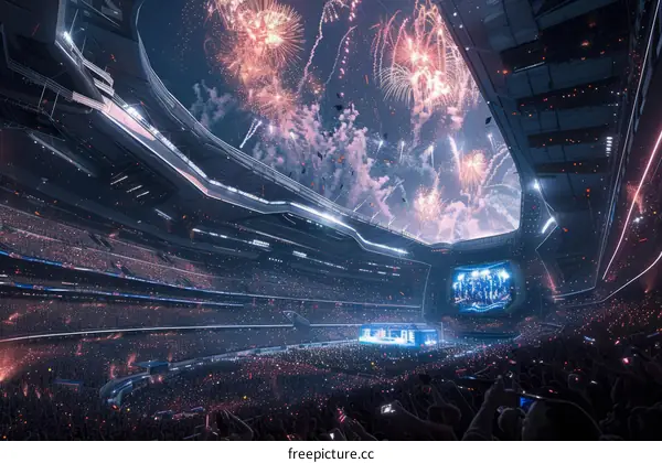 Futuristic stadium with fireworks and large crowd of people