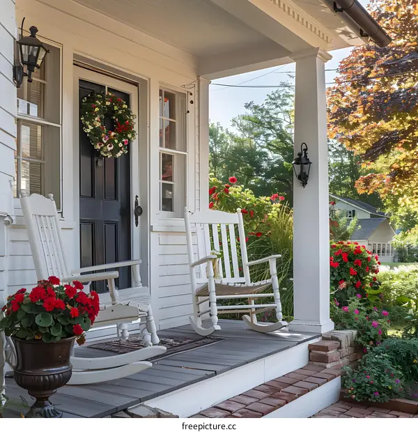 A beautiful front porch with two white rocking chairs and a wreath on the door