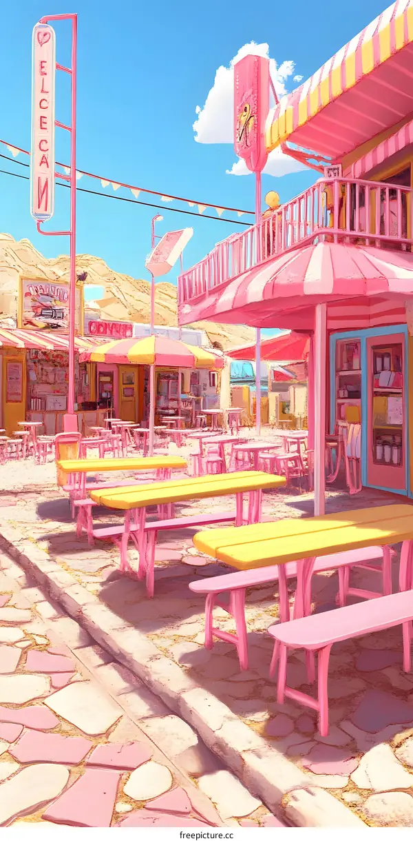 Pink and Yellow Diner in Desert Town