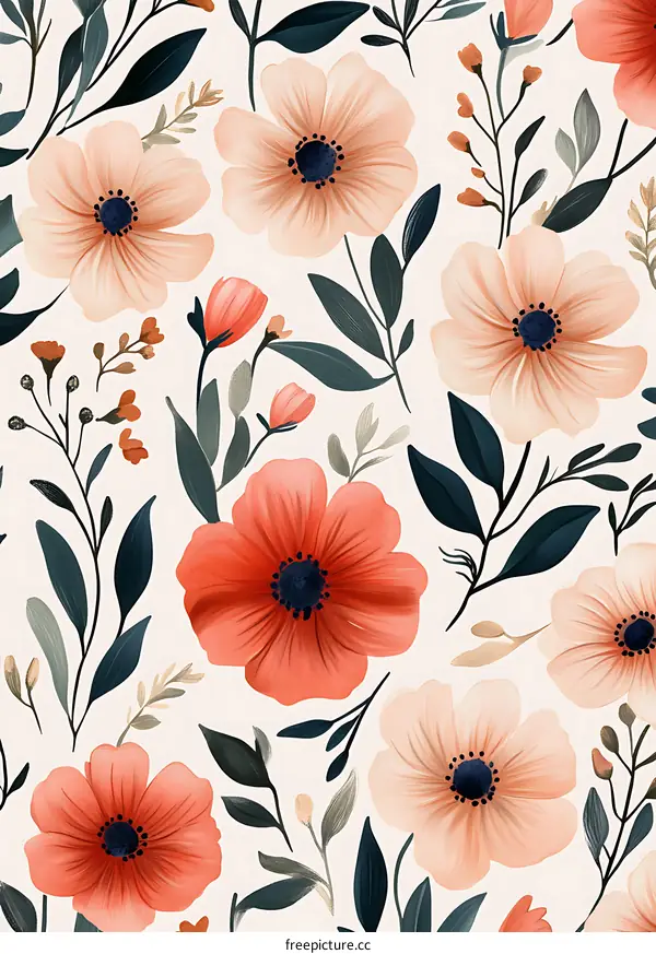 Seamless Floral Pattern with Peach and Red Flowers