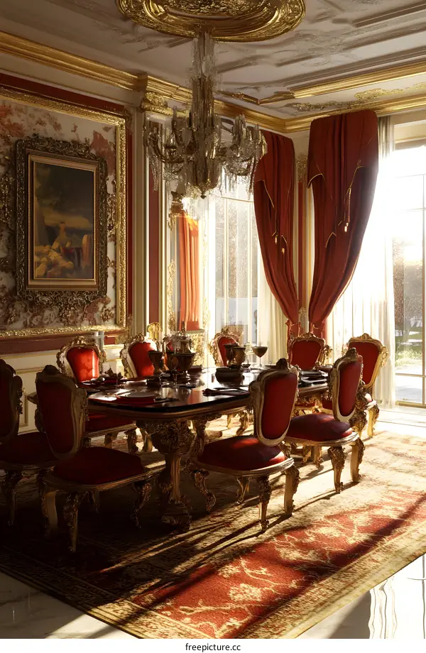 Gold and Red Luxurious Dining Room Interior Design