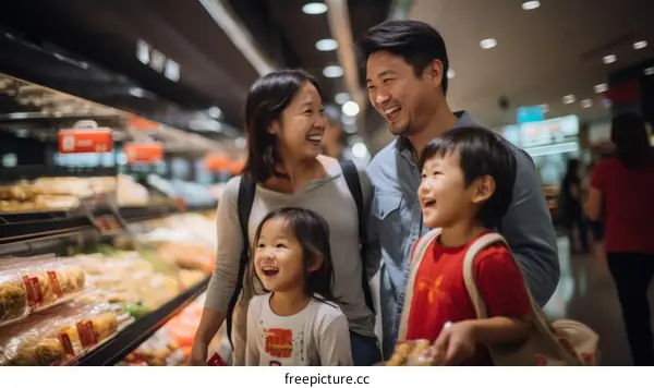 Happy family shopping for groceries in supermarket