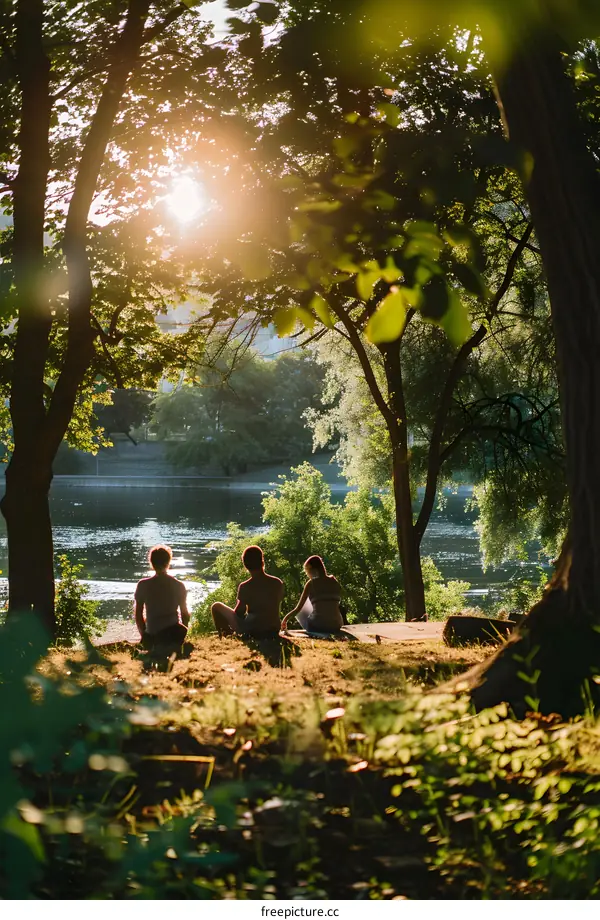 Three Friends Sitting By A Lake In The Summer
