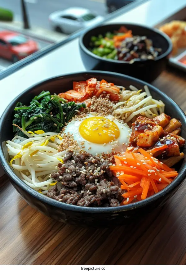 Korean Bibimbap with Egg, Spinach, Bean Sprouts, Carrots, and Beef
