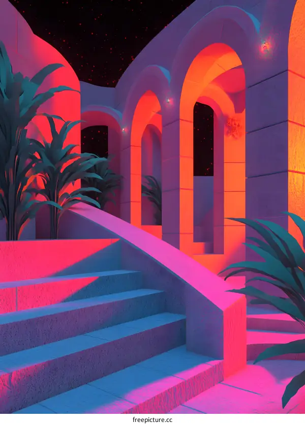 Neon Pink and Blue Architecture with Stars