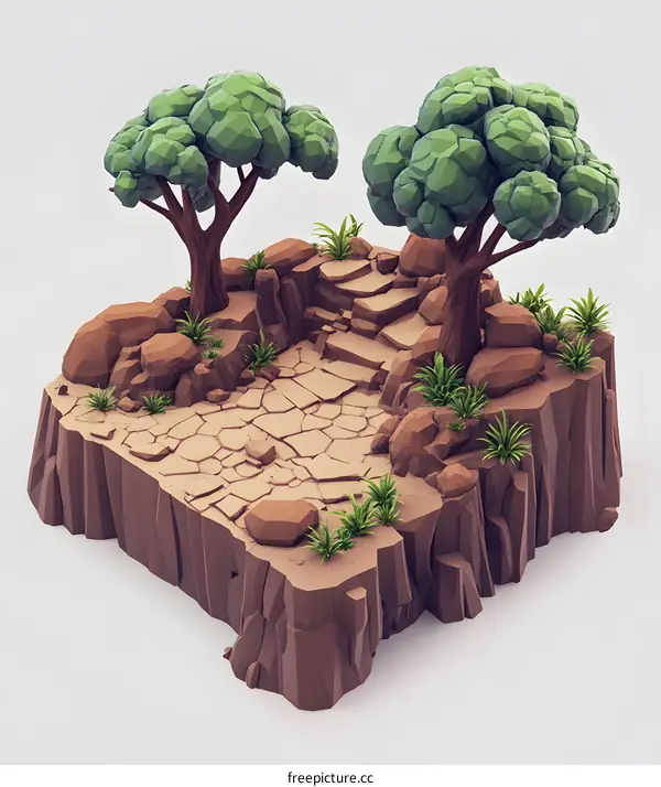 Low Poly Cliffside Landscape with Two Trees