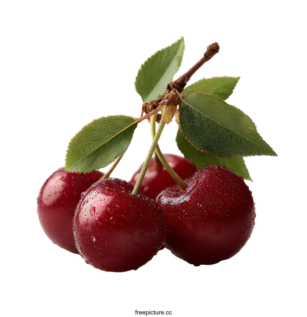 [Transparent Background PNG]Close-up of Fresh Cherries with Dew Drops