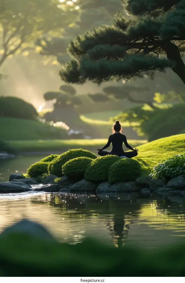A woman is meditating in a garden with a pond and trees