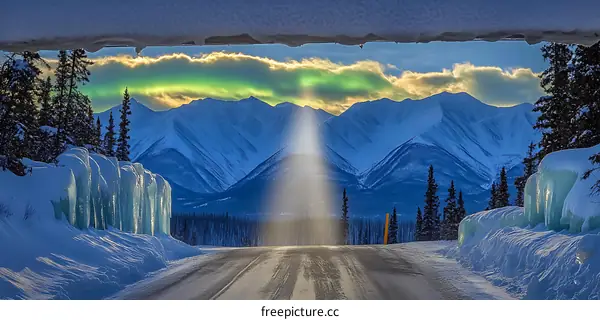 Snowy Mountain Road with Icicles in Alaska