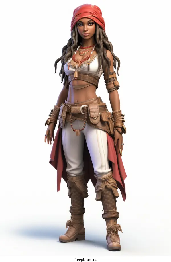 A female pirate with long dreadlocks and a red bandana