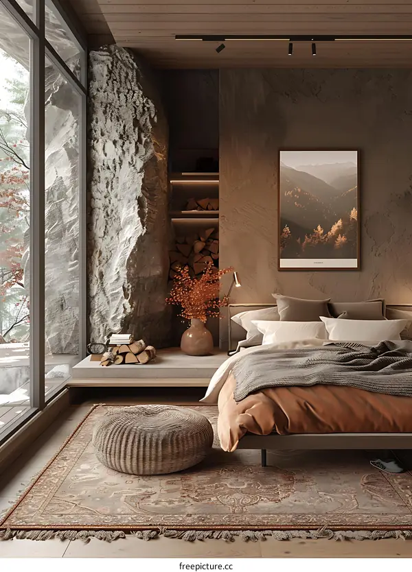 Cozy bedroom with a mountain view