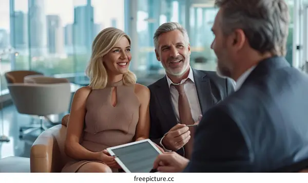 Business meeting in modern office space with city view