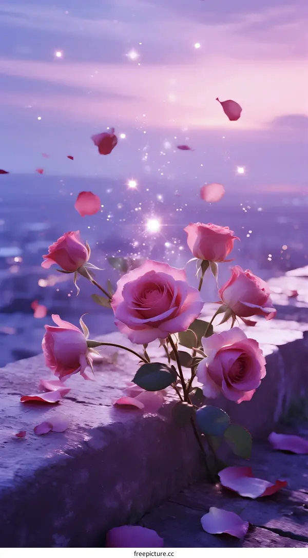 Ethereal Pink Roses Falling with Sparkles Overlooking City
