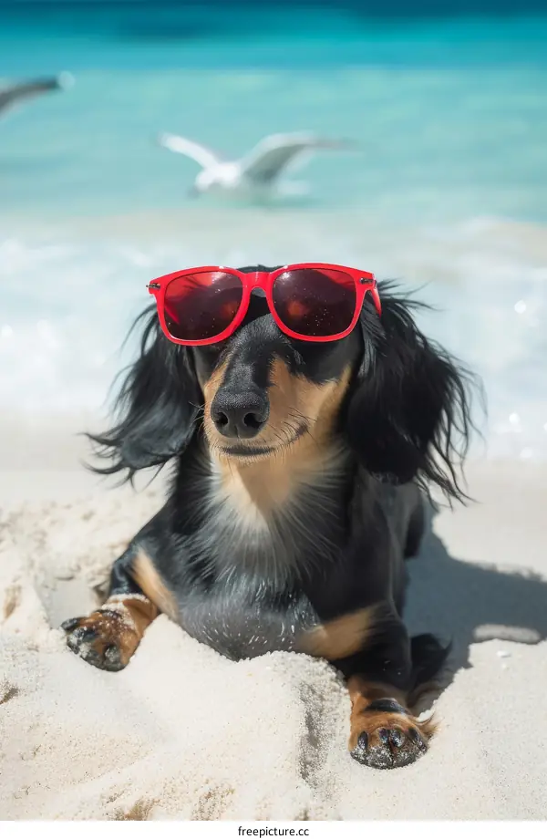 A dachshund wearing red sunglasses is lying on the beach